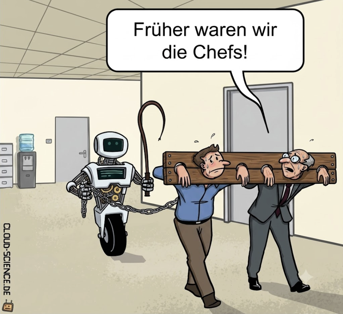 Cartoon mit Roboter und zwei Männern, die eine Holzplanke tragen, Sprechblase: Früher waren wir die Chefs!